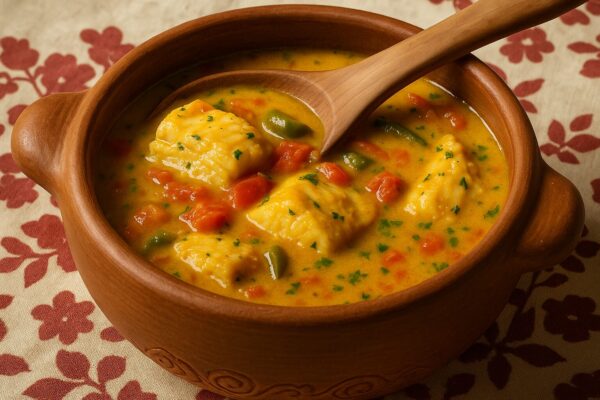 Moqueca de bacalhau servida em panela de barro com lombos de peixe, pimentões amarelos, tomates e coentro.